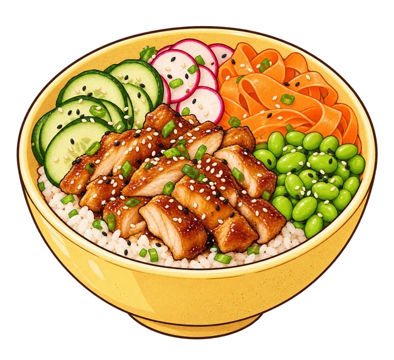 Bol illustré au poulet teriyaki, carotte, radis et edamame.