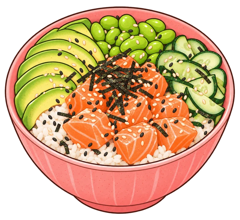 Bol illustré au saumon, avocat, edamame et concombre.