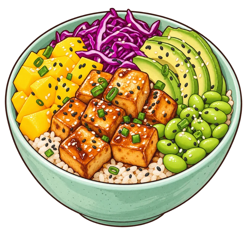 Bol illustré au tofu doré, mangue, avocat et chou violet.
